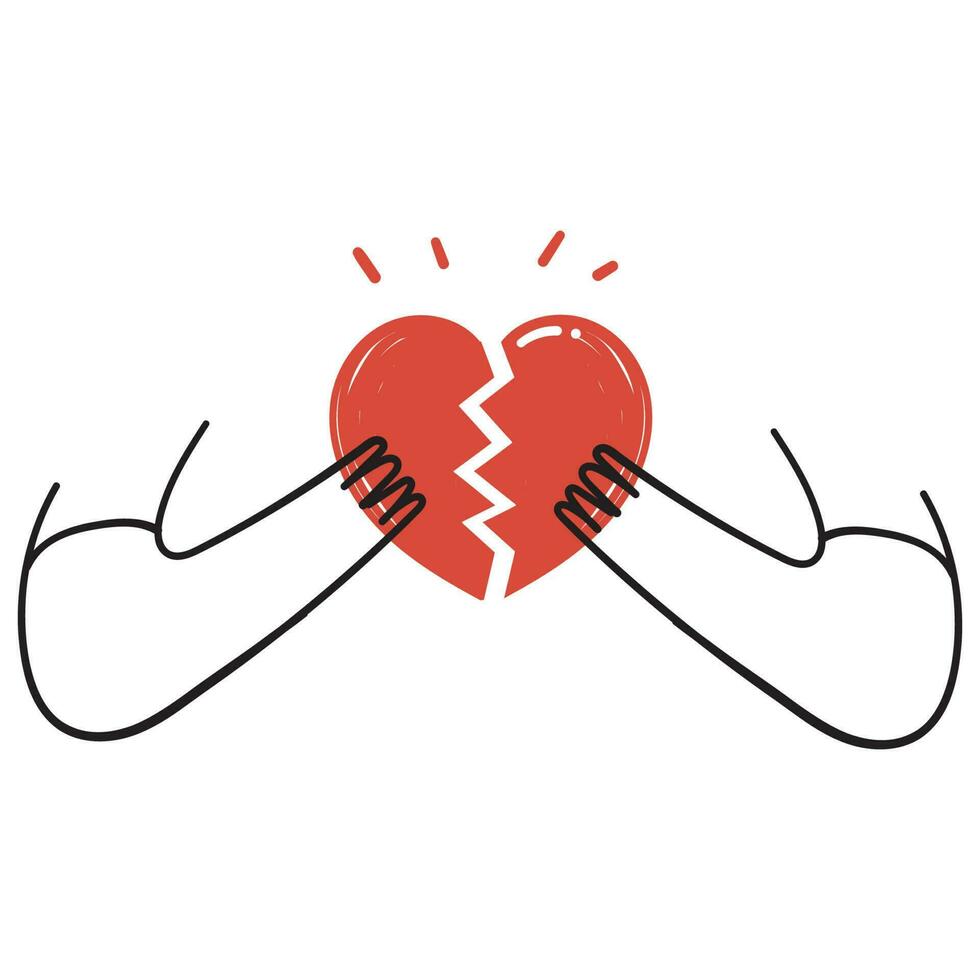 hand drawn doodle person holding broken heart illustration vector