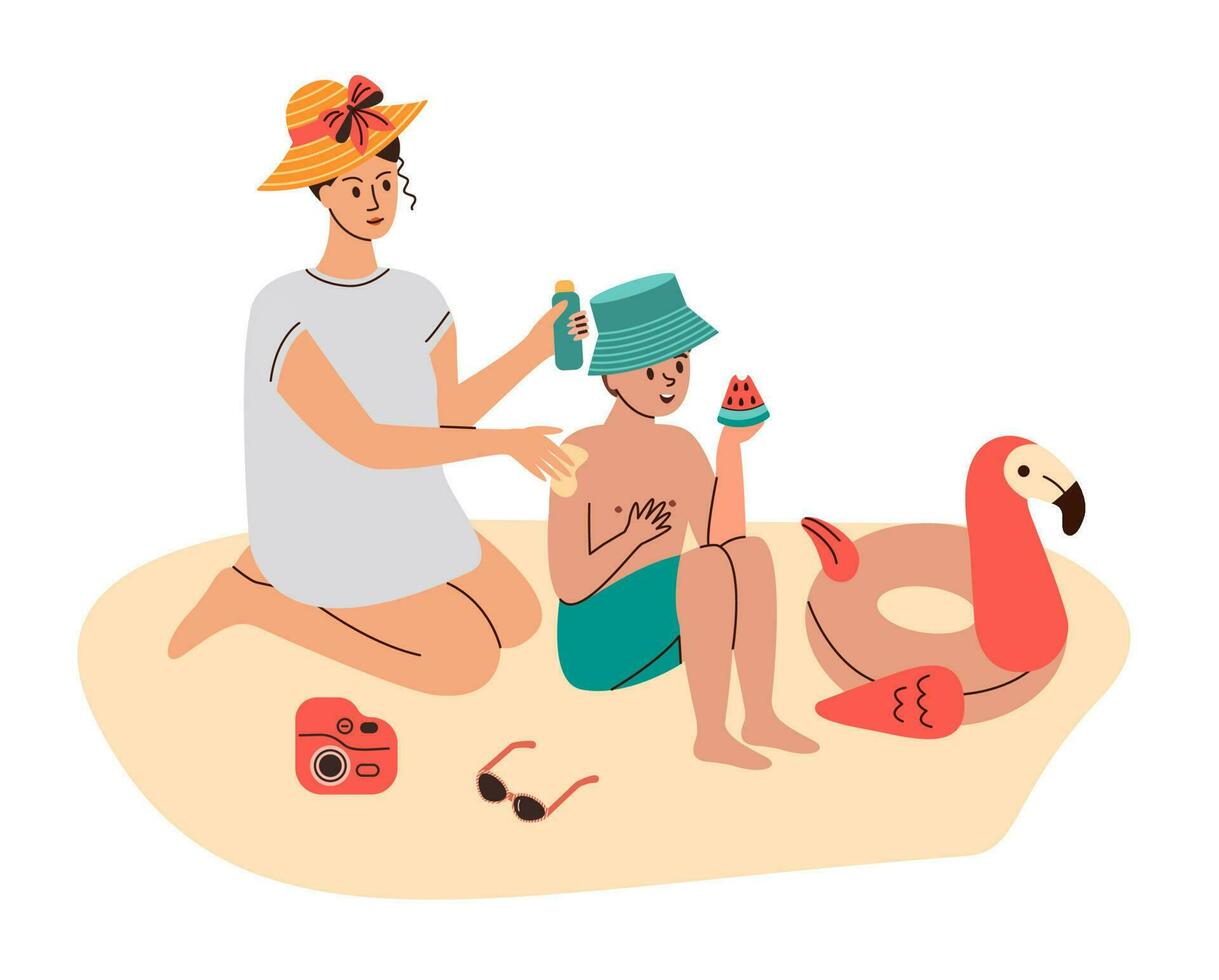 mujer aplica protector solar a su hijo. niño come sandía en playa. verano vacaciones concepto. vector ilustración.