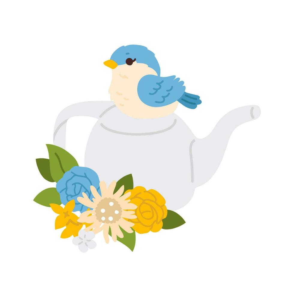 cartoon bird on watering can with flowers vector