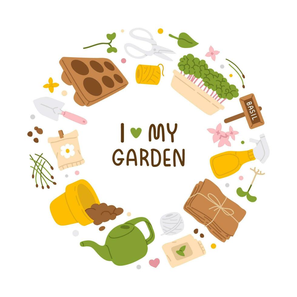 circle of  cartoon home garden items vector