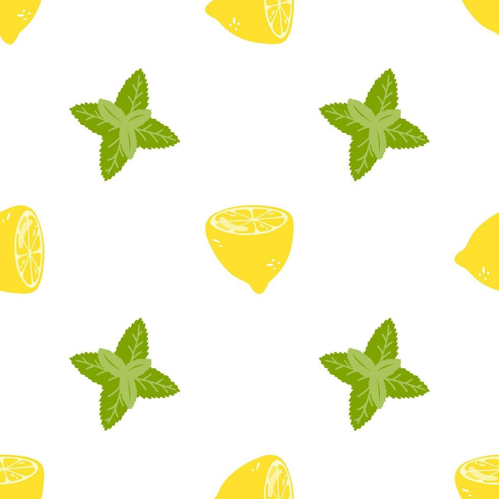 Seamless pattern with lemons and mint. Vector background with hand drawn citrus fruits for wrapping paper, textile, print, card