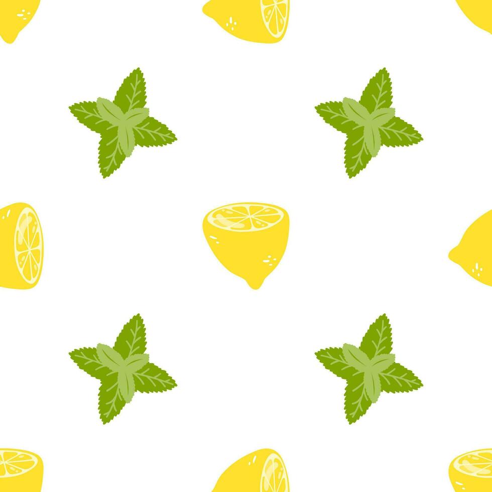 sin costura modelo con limones y menta. vector antecedentes con mano dibujado agrios frutas para envase papel, textil, imprimir, tarjeta