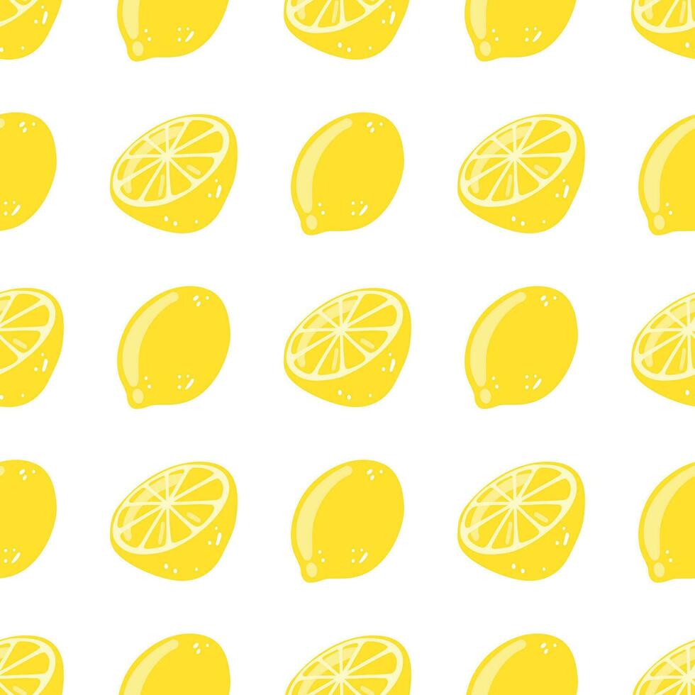 Seamless pattern with hand drawn cut and whole lemons. Vector background with tasty citrus fruit for wrapping paper, textile, print, card