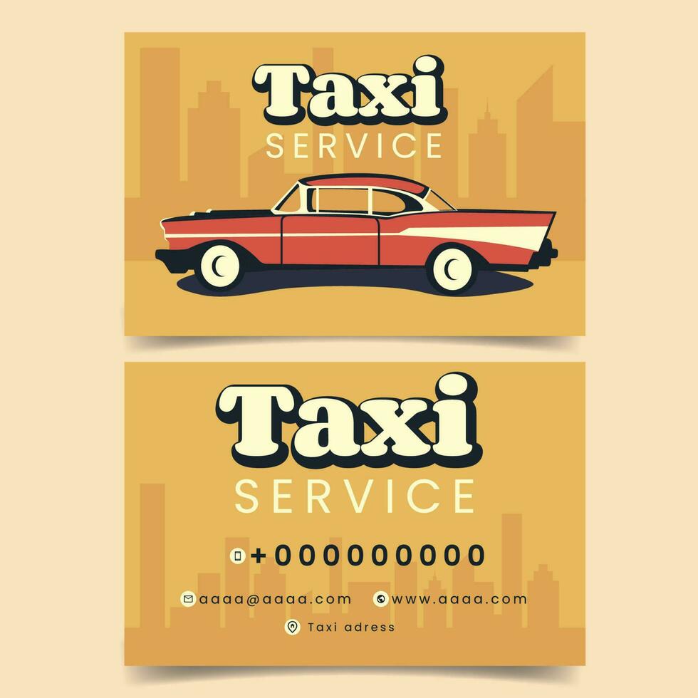 Vintage car business card template with city background. Retro style vector illustration.
