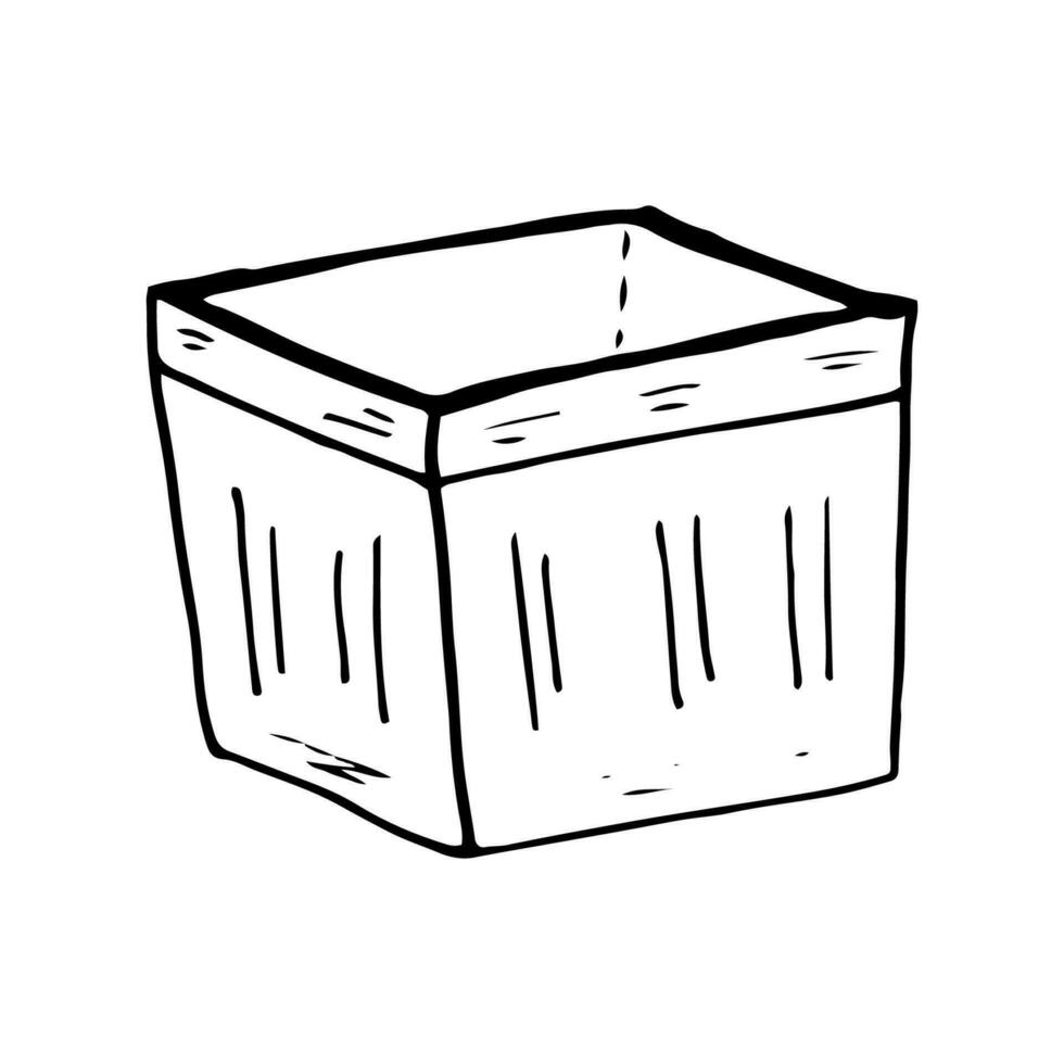 cesta de madera caja garabatear vector ilustración. vacío madera caja en línea estilo. contorno caja almacenamiento.