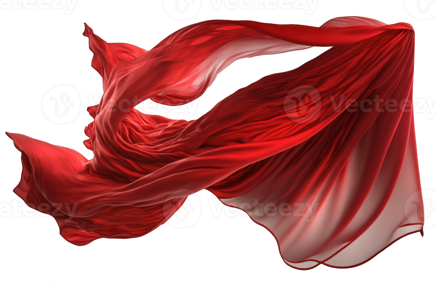 A vibrant red silk fabric gracefully billows against a clear, transparent background as it floats through the air. png