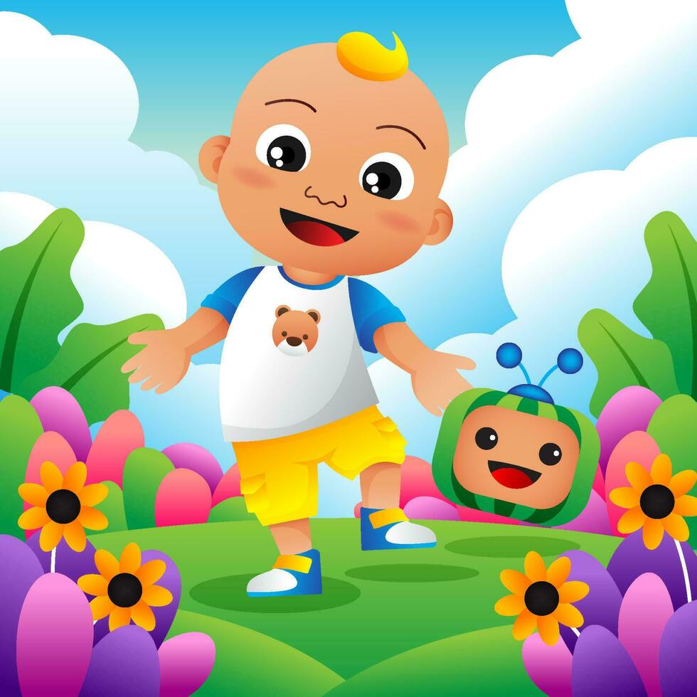 a Boy Playing in the Colorful Garden vector