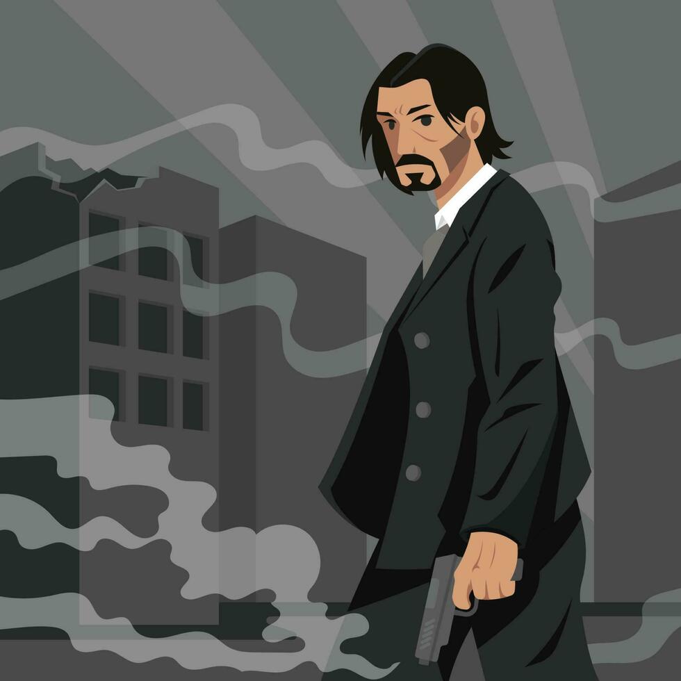 A Man in Suit Holding a Gun with Cityscape Background vector