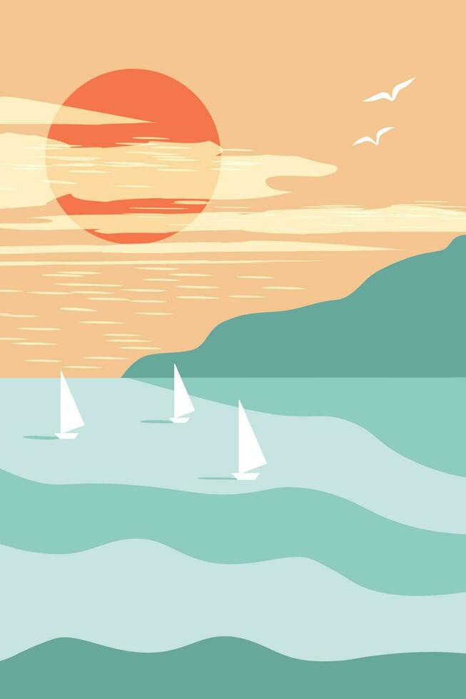 Poster with abstract summer landscape. The sea with boats under sail, the dawn of the sun. Vector graphics.