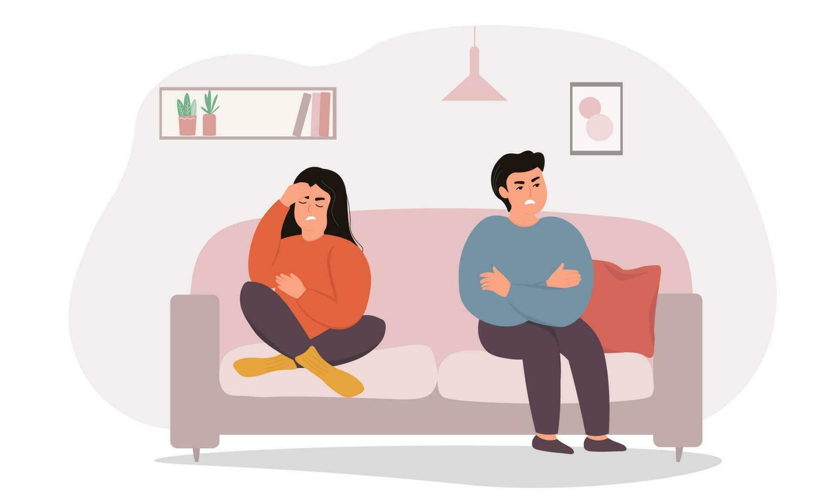 Couple quarrel. A man and a woman are offended by each other, turned away, evil feelings, disappointment. Vector flat graphics.