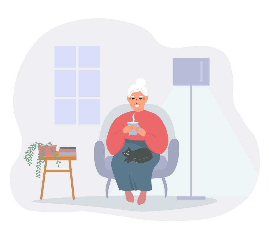 An elderly old lady is sitting at home in a chair with a cat on her lap. Grandma drinks a hot drink. Vector flat graphics.