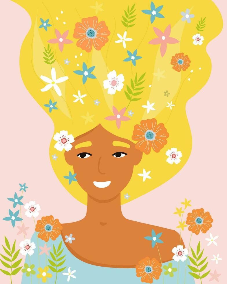 Abstract beautiful girl with long hair and flowers. Summer woman is happy. Vector graphics.