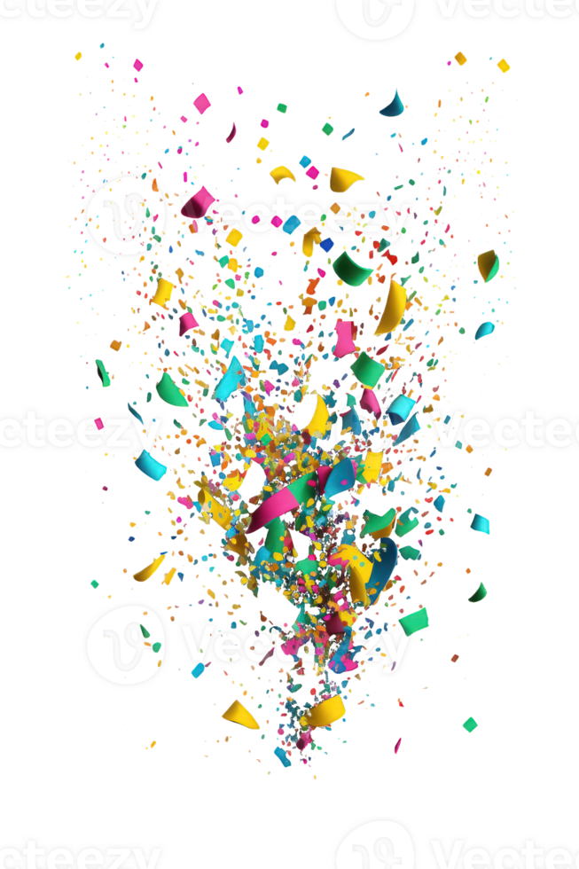 A festive and vibrant display of multicolored confetti that appears to float freely against a transparent background. png