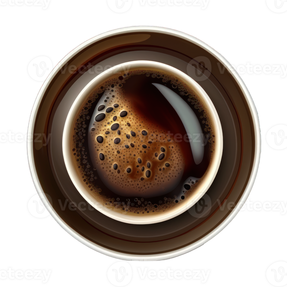 The image depicts a top-down view of a cup of coffee, with a realistic appearance and placed on a transparent background. png