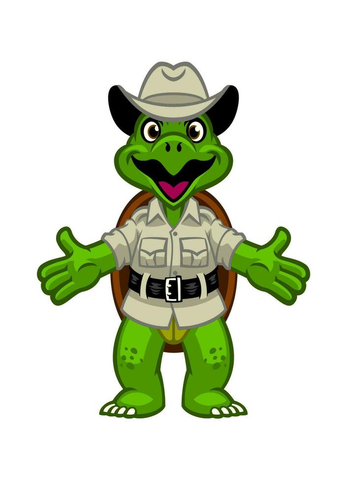 Green Turtle Cartoon Funny in Ranger Zoo keeper uniform vector