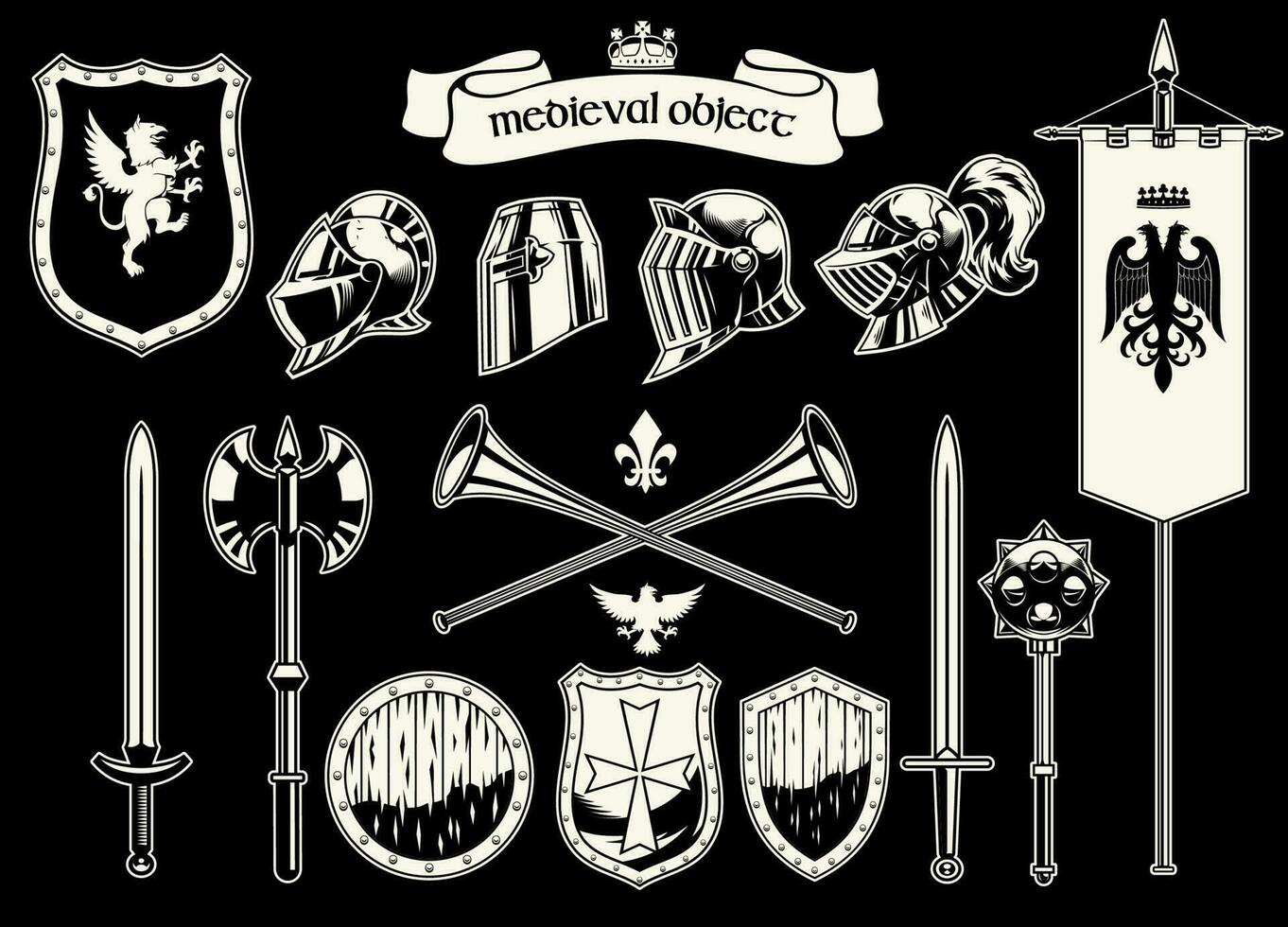 conjunto de objeto de caballeros medieval heráldica era vector