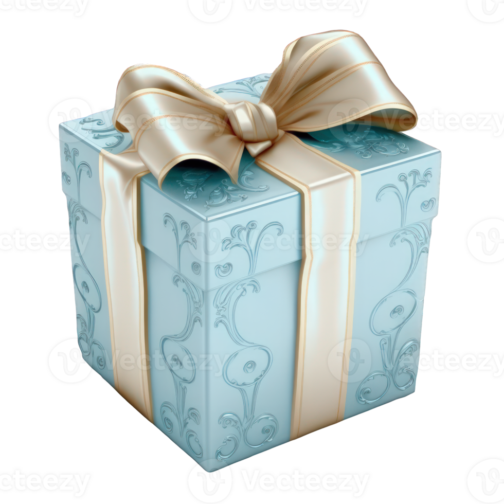 A stunning blue gift box with a gorgeous bow that sits elegantly atop it, all set against a transparent background. png