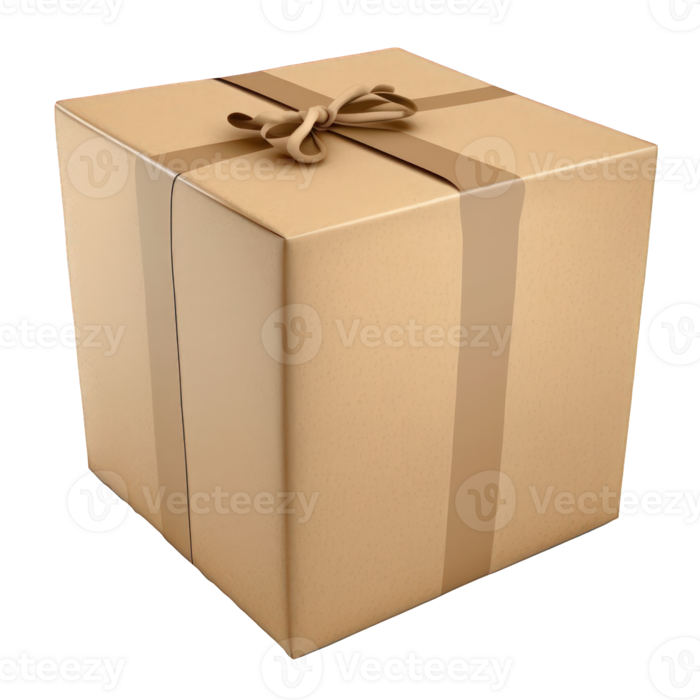 The image is a highly realistic depiction of a kraft gift box, complete with ribbons and a bow, on a transparent background. png
