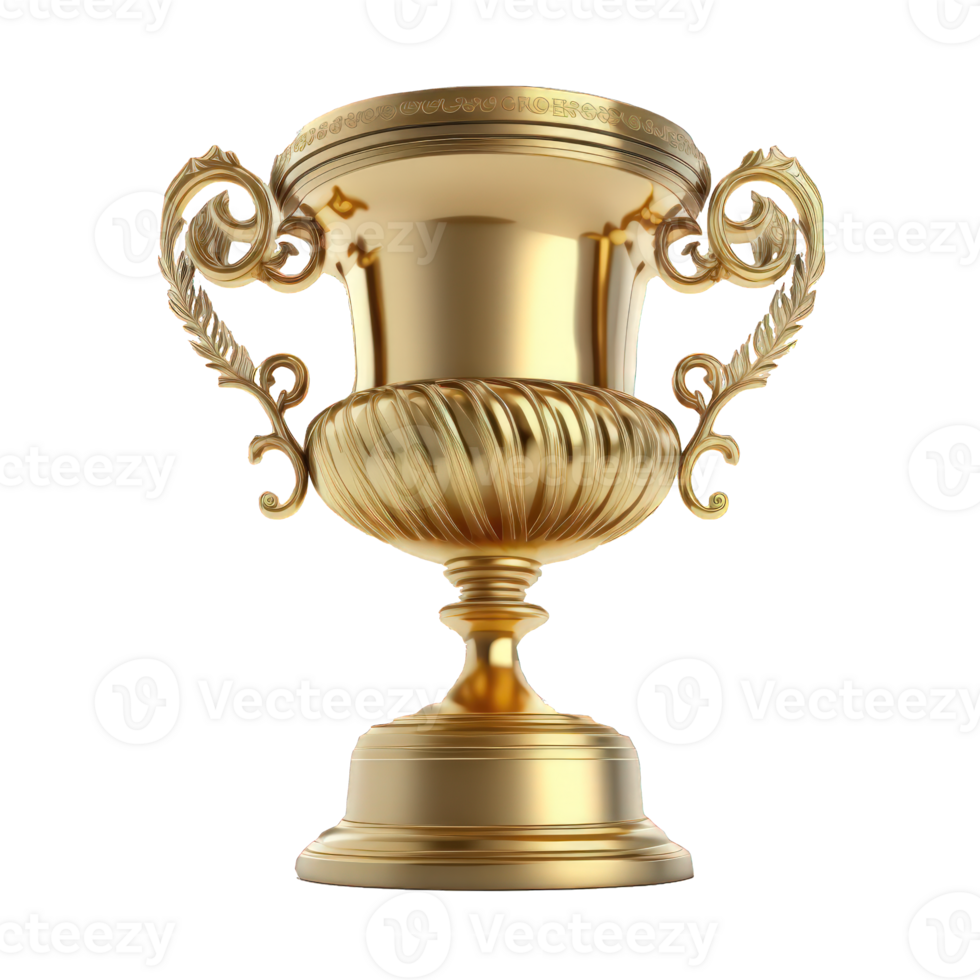 A gleaming and realistic golden trophy stands proud against a transparent background, its intricate design and polished surfaces shimmering under the light. png