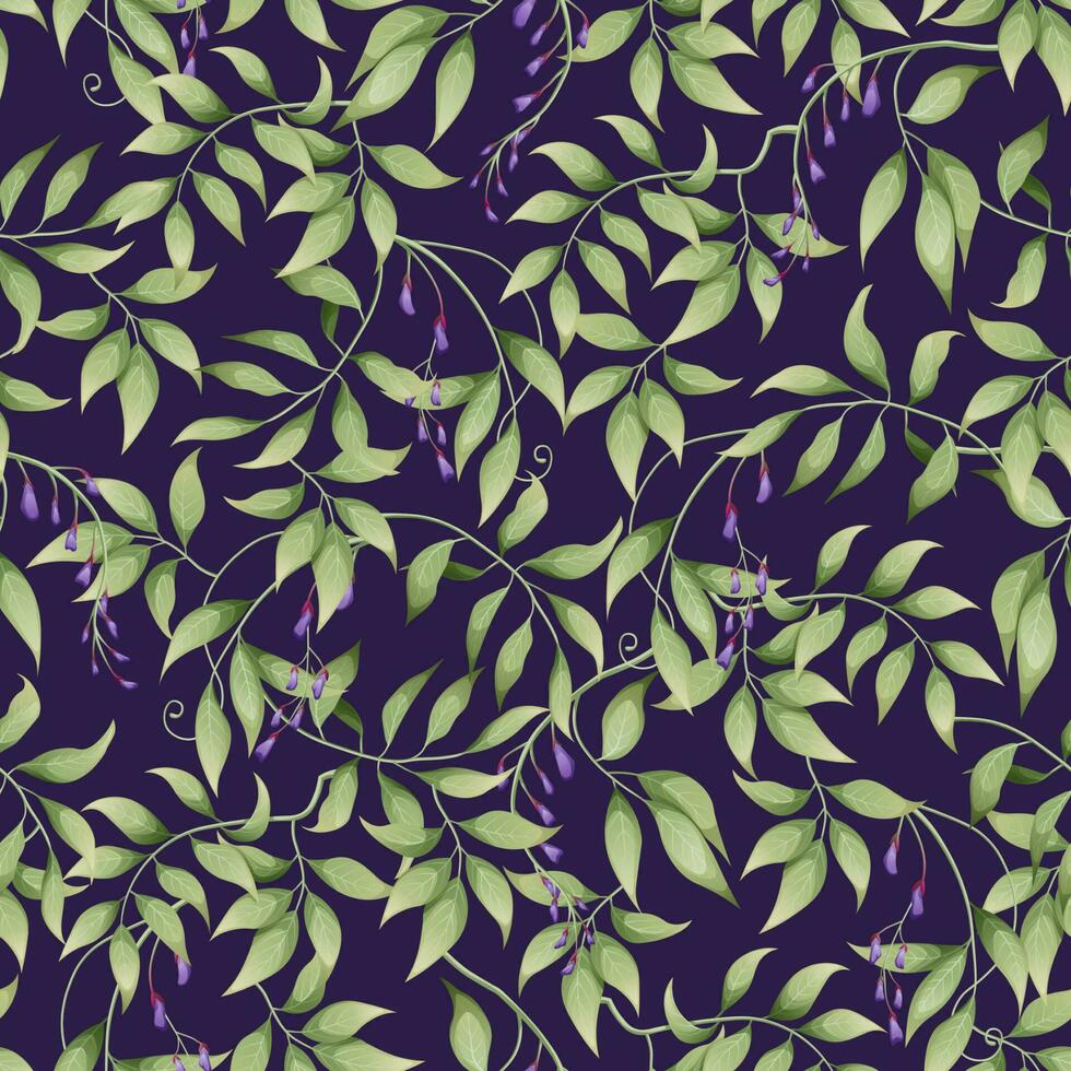 Seamless pattern with purple wisteria and green leaves on a dark background. Great for textile, fabric, wrapping paper, wallpaper. vector