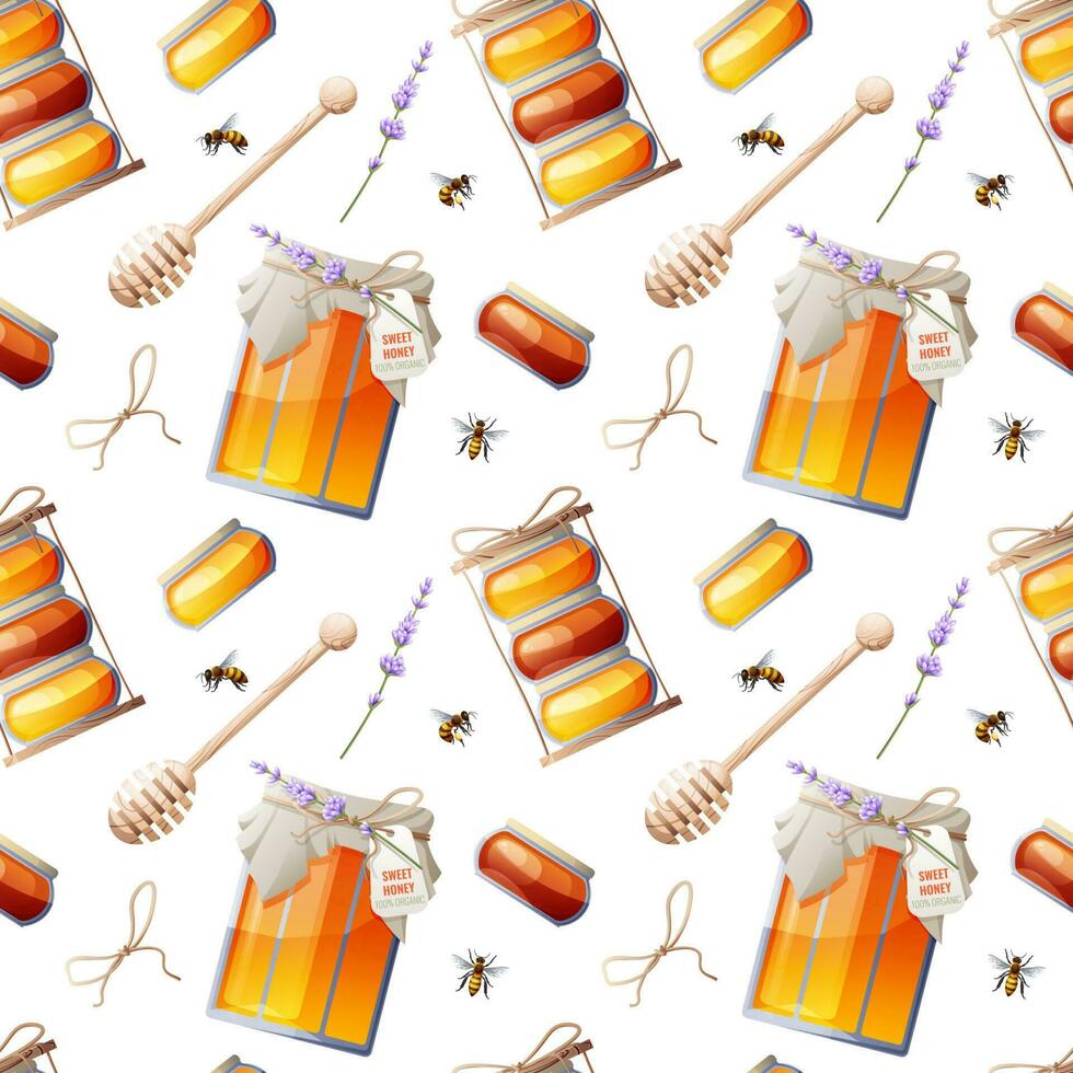 Seamless pattern with honey jar, lavender, wooden spoon and bees. Suitable for textiles, wallpaper, wrapping paper. Shop of honey products vector