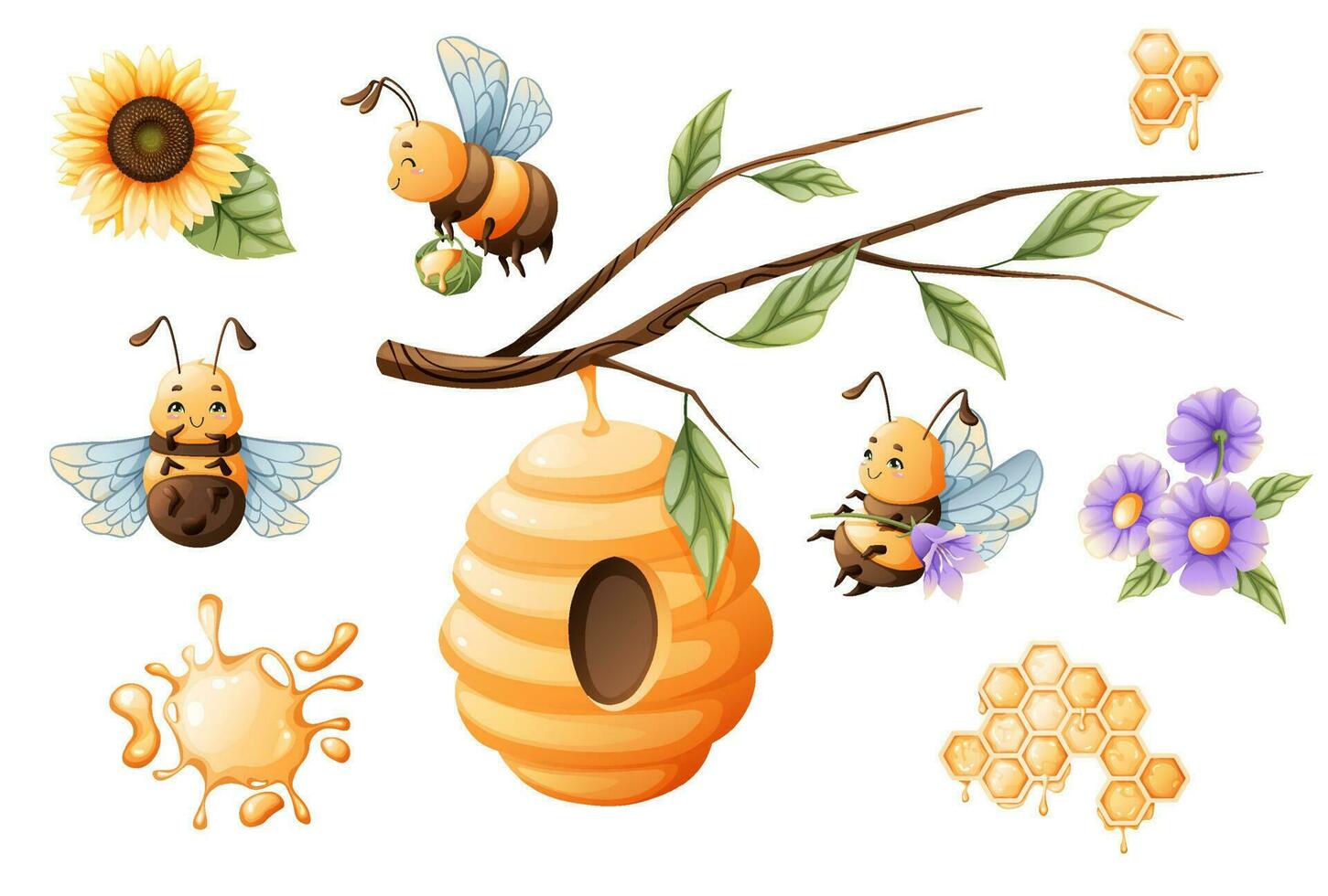 Cartoon bees, beehive, sunflower, honeycombs, honey. Set of illustrations for stickers, print, books. vector