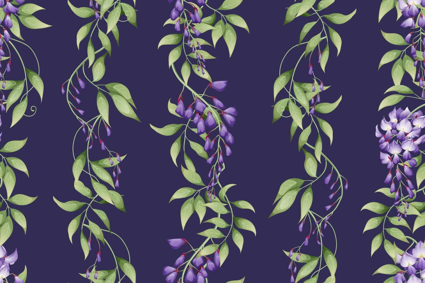 Seamless vertical pattern with purple wisteria and green leaves. Wallpaper, fabric, wrapping paper, scrapbooking paper. vector