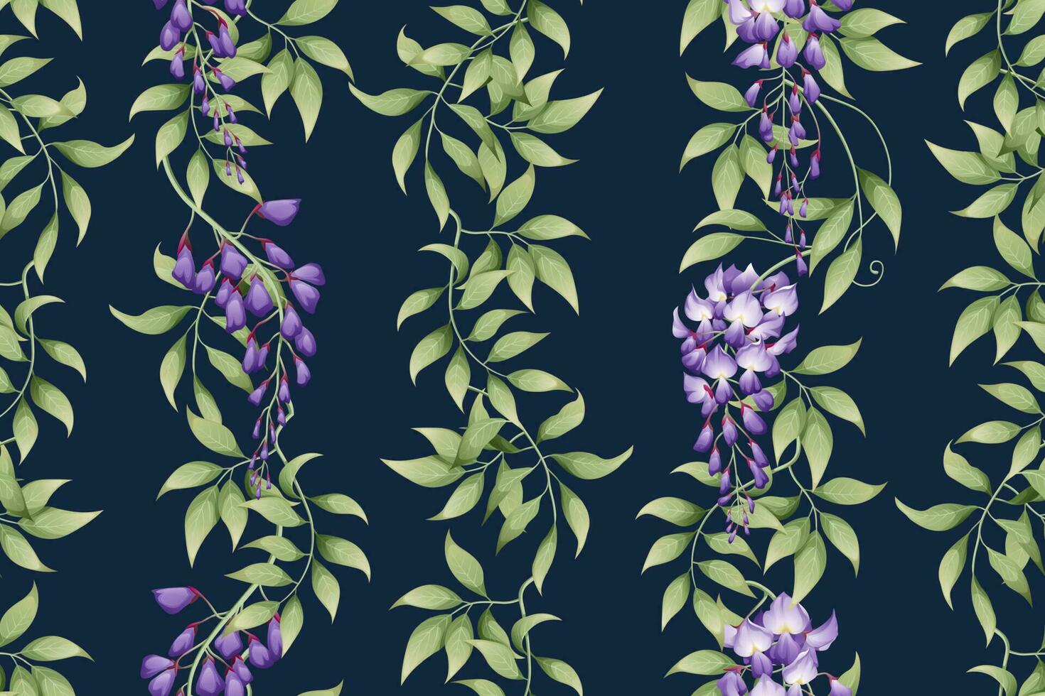 Seamless vertical pattern with purple wisteria and green leaves. Wallpaper, fabric, wrapping paper, scrapbooking paper. vector