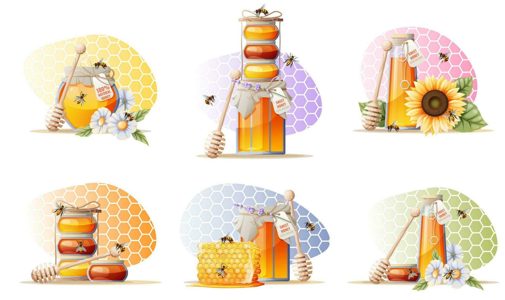 un conjunto de ilustraciones con un tarro de Miel, un de madera cuchara, abejas y flores en un multicolor antecedentes en el formar de un panal vector
