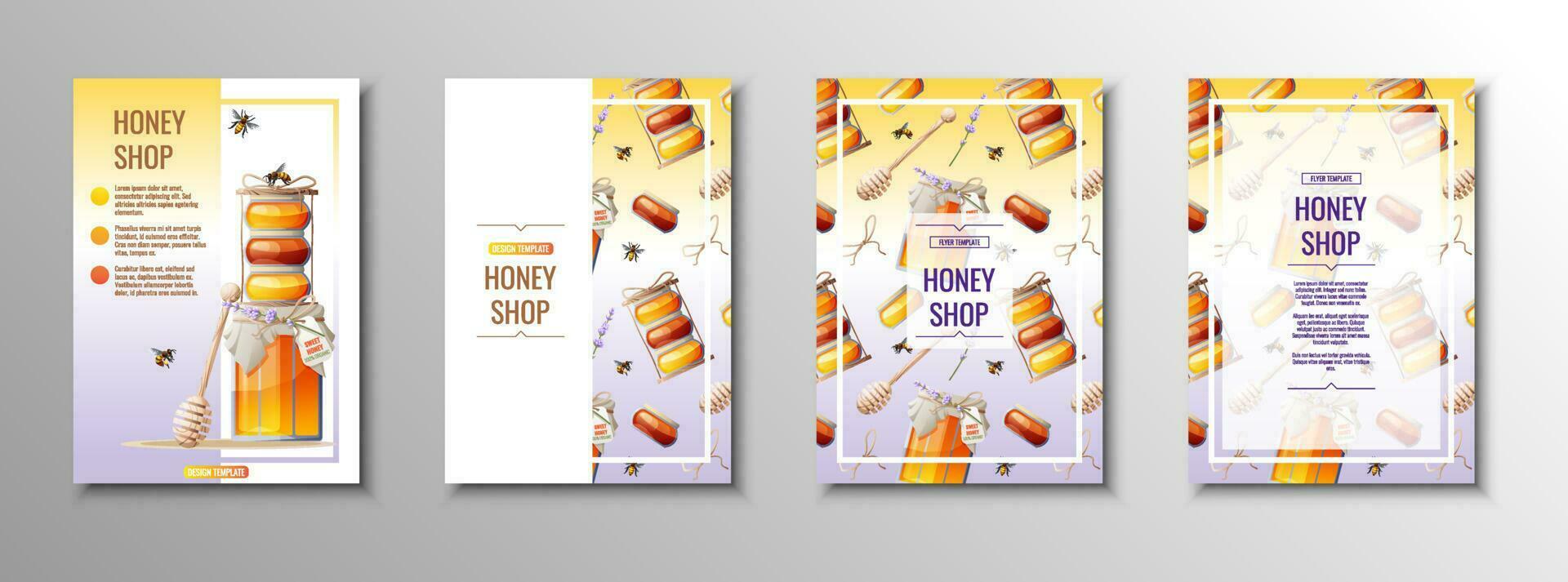 Honey products flyer set. Honey shop, honey bank, honeycombs. Template, cover, poster in a4 size for business vector