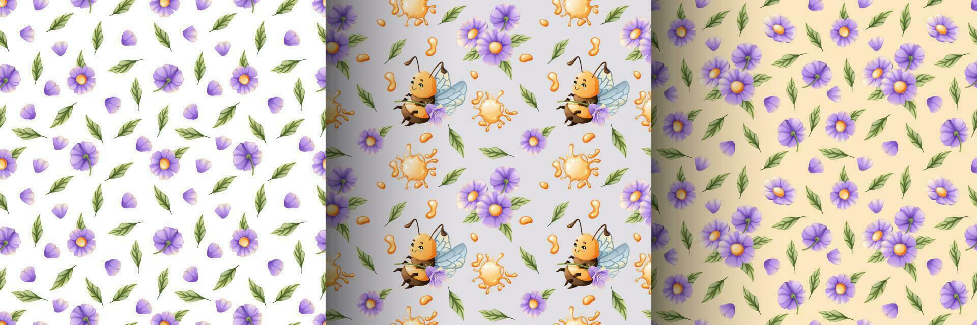 Set of seamless patterns with funny bees, flowers, honey. Suitable for children s textiles, clothes, wallpaper, paper vector