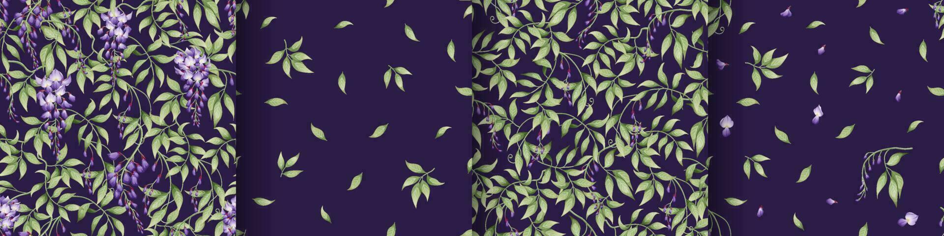 Set of seamless patterns with purple wisteria and green leaves on a dark background. Texture in Asian style. Suitable for fabric, paper, textile, wallpaper vector