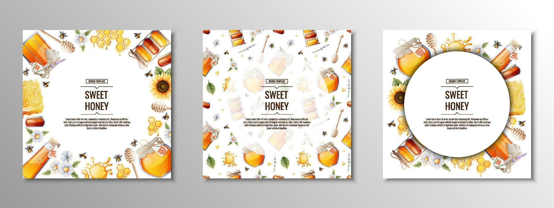 Set of square cards, flyers, banners with honey products. Honey jar, honeycomb, bee, sunflower. vector