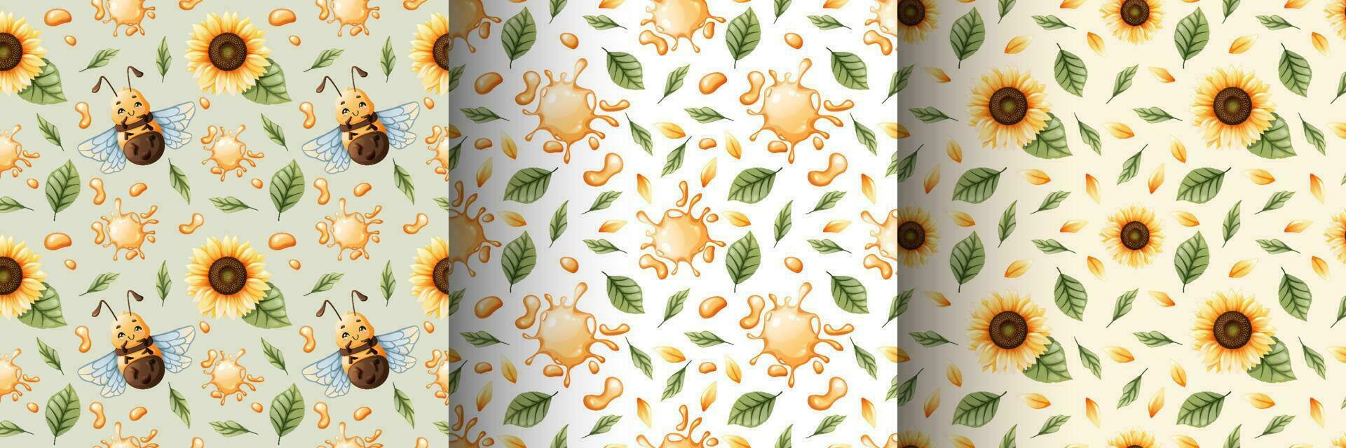 Set of seamless patterns with funny bees, flowers, honey. Suitable for children s textiles, clothes, wallpaper, paper vector