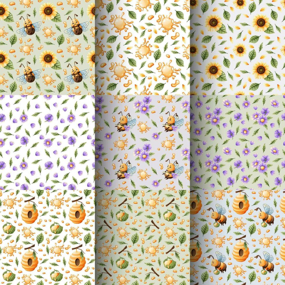 Set of seamless patterns with funny bees, flowers, honey. Suitable for children s textiles, clothes, wallpaper, paper vector