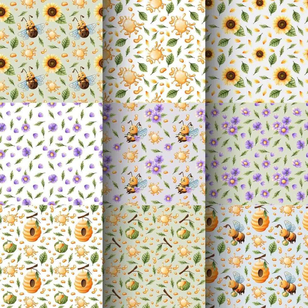 Set of seamless patterns with funny bees, flowers, honey. Suitable for children s textiles, clothes, wallpaper, paper vector