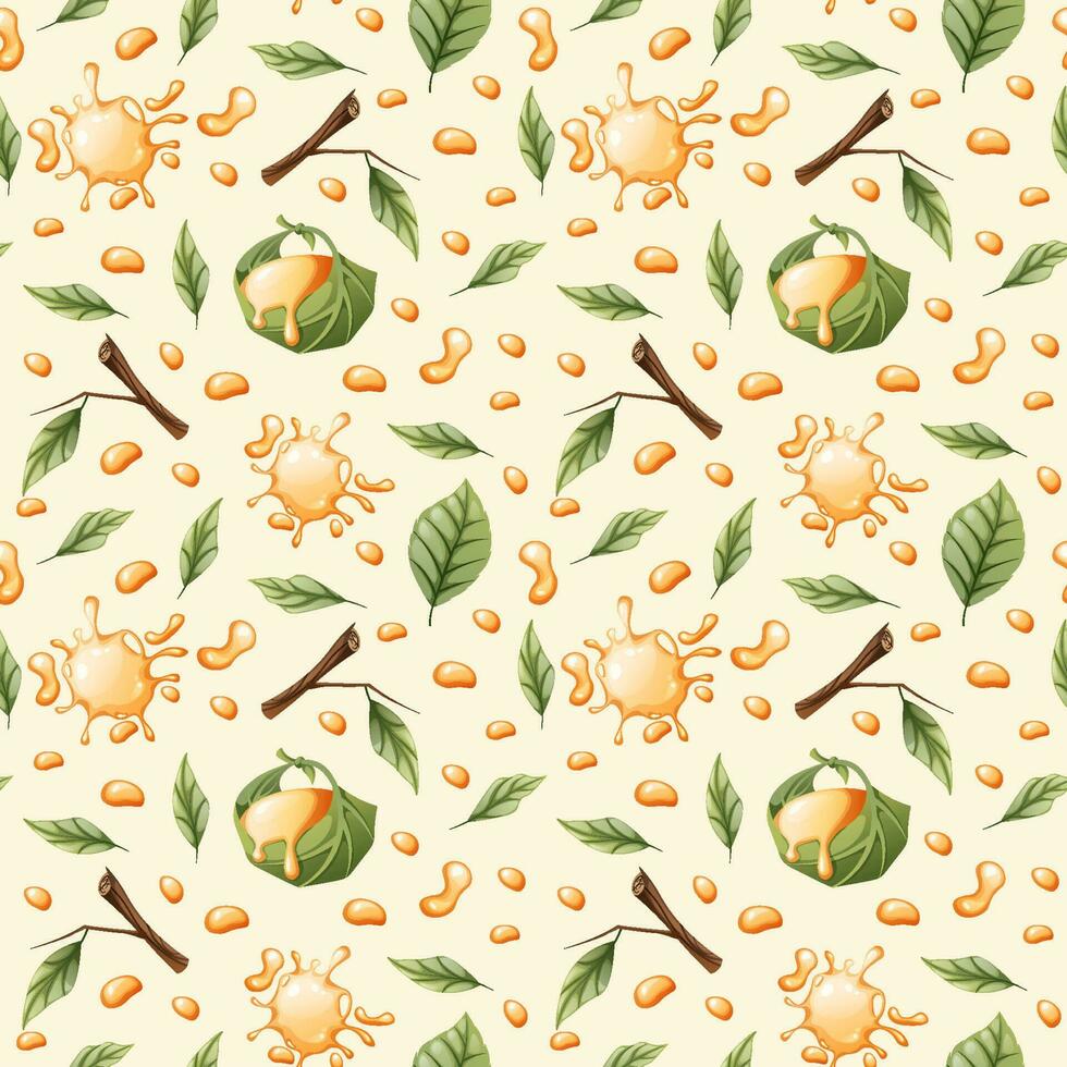 Seamless pattern with honey drops, leaves. Suitable for wallpaper, fabric, textile, paper. vector