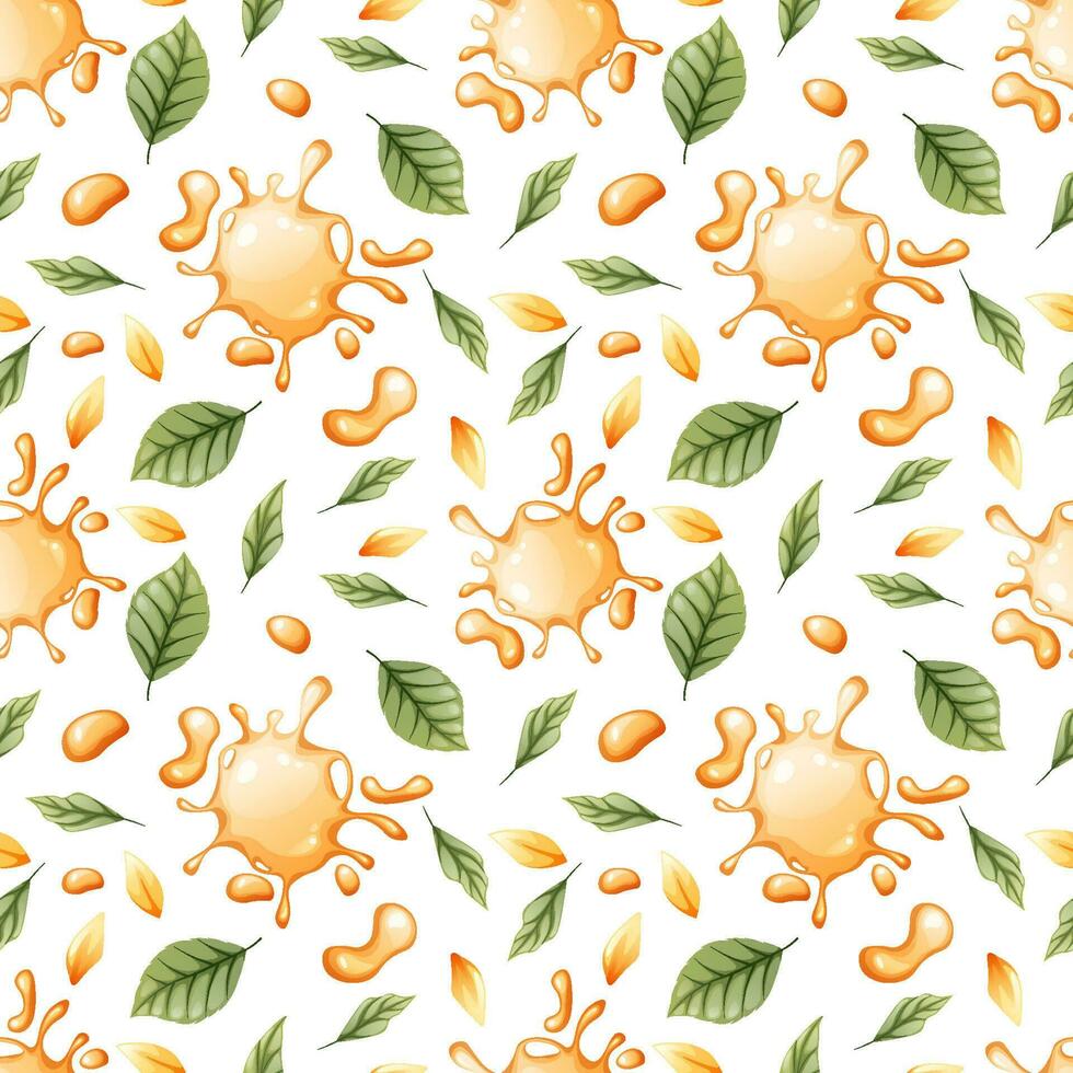Seamless pattern with honey drops, leaves. Suitable for wallpaper, fabric, textile, paper. vector