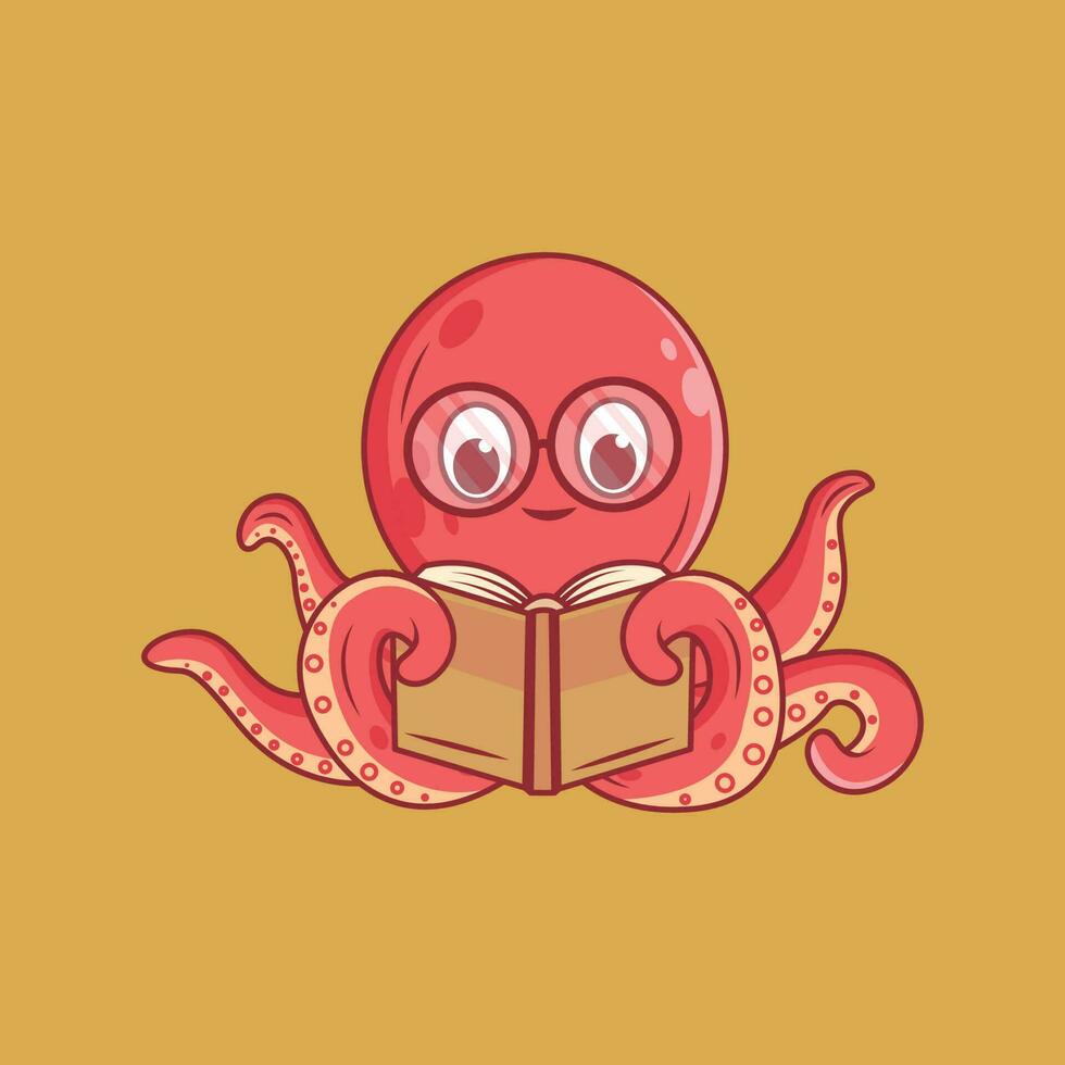 Cute octopus reading book Cartoon Sticker vector Illustration