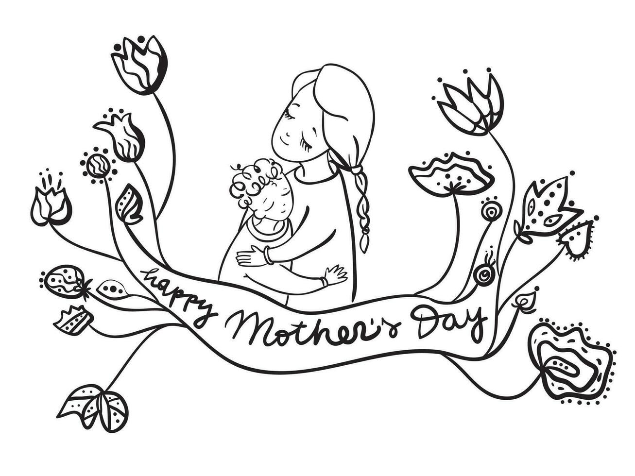 de la madre día saludo tarjeta. ilustración con mamá y niño. caligrafía frase contento de la madre día. negro y blanco, lineal dibujo vector