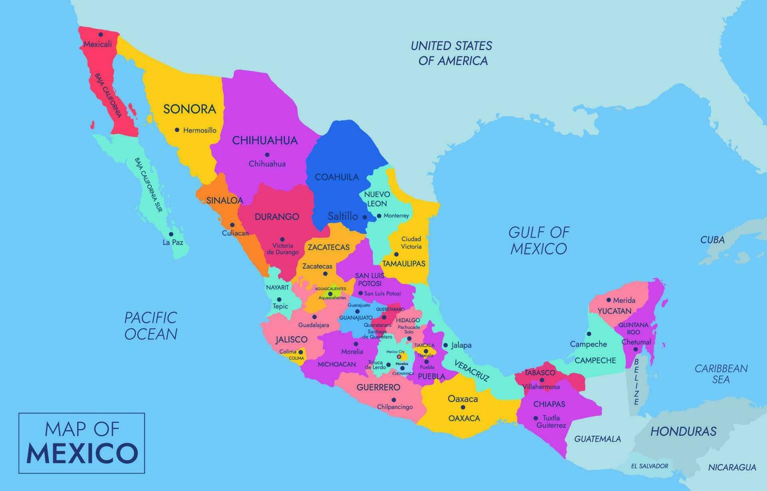 Map of Mexico with all Country Name vector