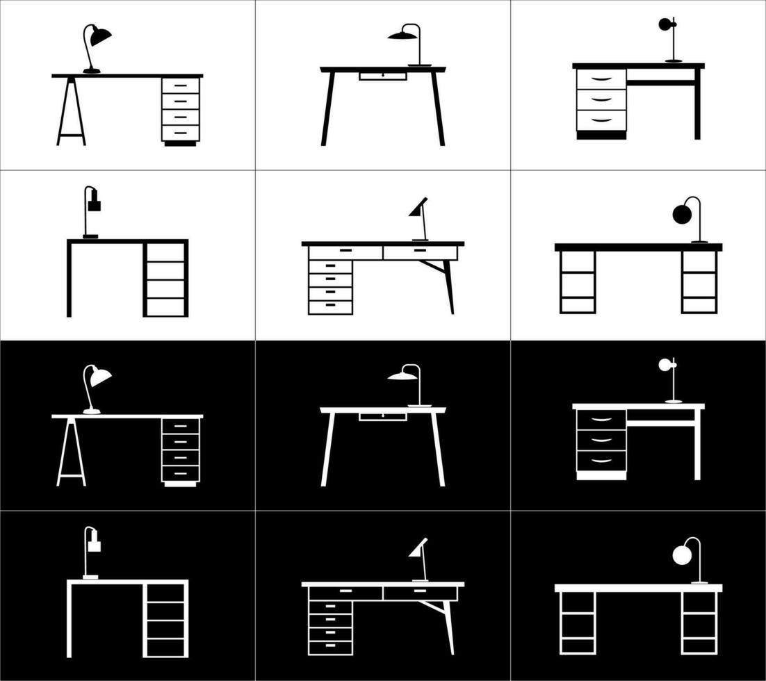 Icons set of desks with table lamps isolated on white and black background. vector