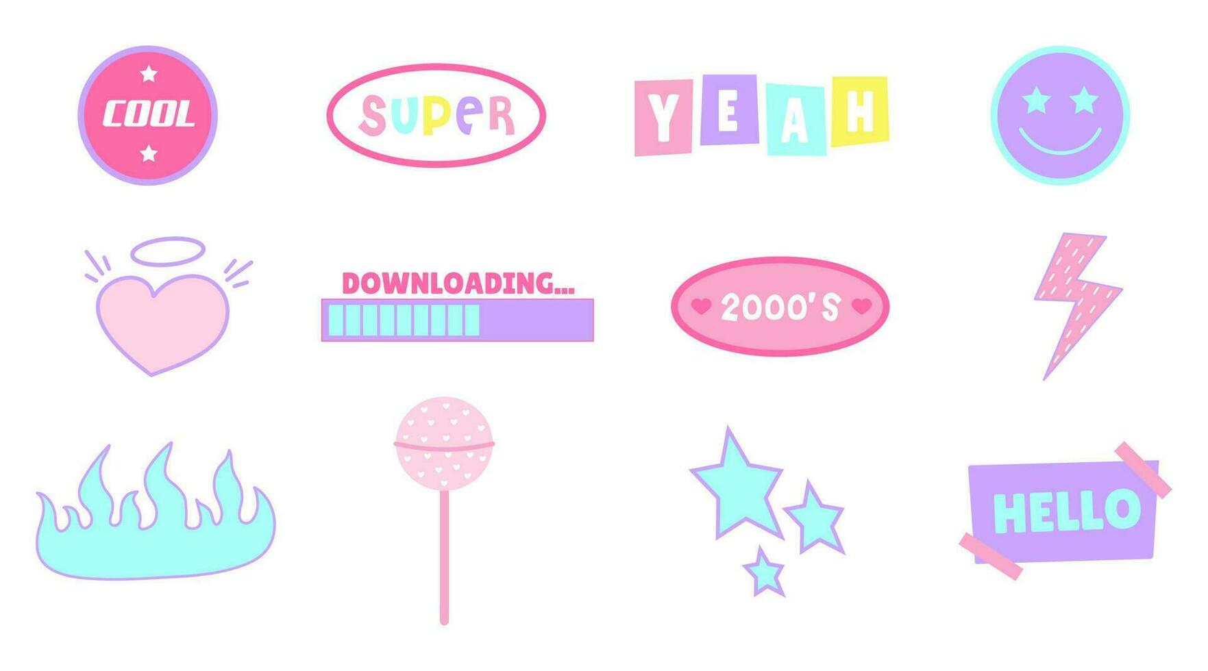 y2k sticker set, 1990s 2000s style, nostalgia, trendy patches, heart, flame, lollipop, vector illustration