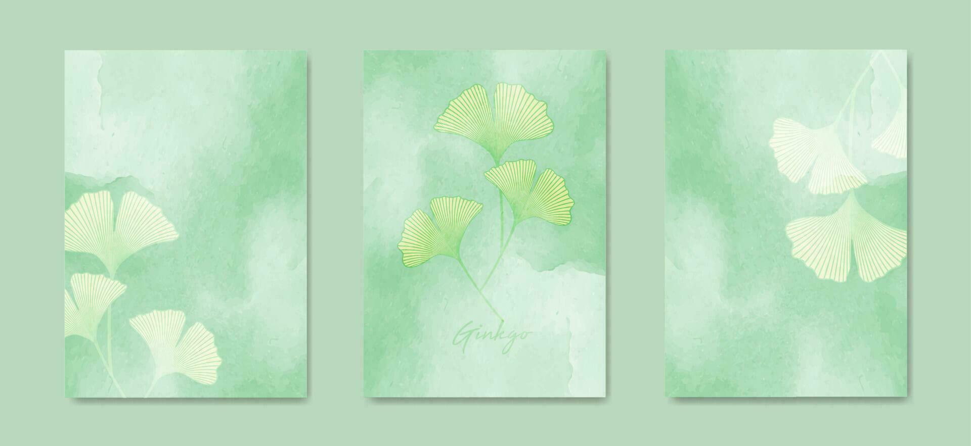 Ginkgo leaves with hand drawn watercolor illustration in vintage style. Set green card of floral pattern in vintage style. Vector Oriental floral banner design