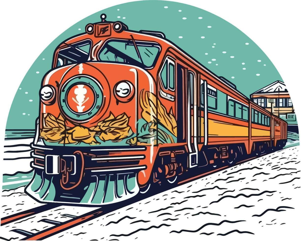 Train in front of a beach Hand drawn illustration, Train Hand drawn illustration design, tshirt design illustration vector