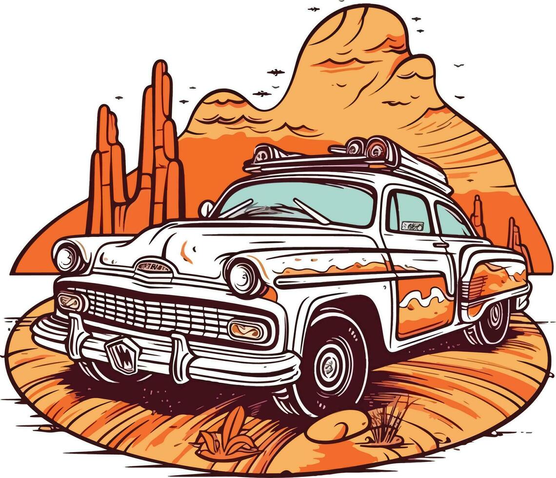 coche en frente de un Desierto dibujado a mano ilustración, coche dibujado a mano ilustración diseño, coche dibujado a mano ilustración para camiseta diseño vector