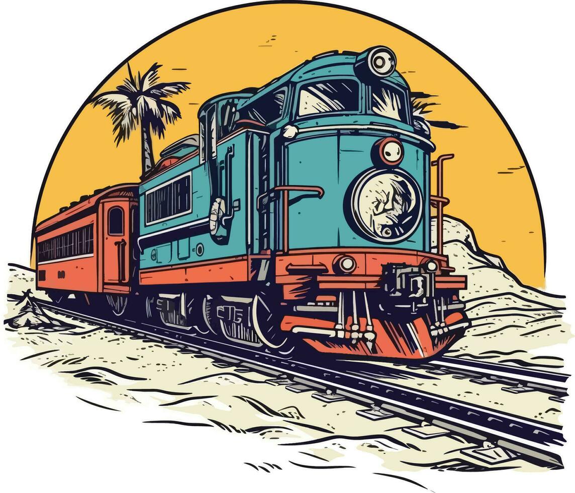 Train in front of a desert Hand drawn illustration, Train Hand drawn illustration design, t-shirt design illustration vector