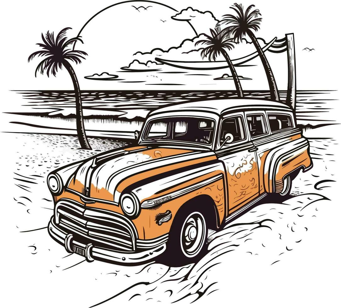 car in front of a Beach Hand drawn illustration, car Hand drawn illustration design, car Hand drawn illustration for t-shirt design vector