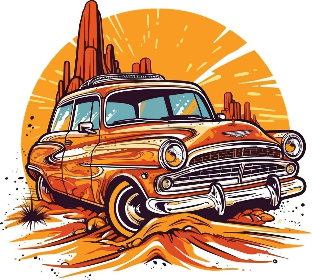 coche en frente de un Desierto dibujado a mano ilustración, coche dibujado a mano ilustración diseño, coche dibujado a mano ilustración para camiseta diseño vector