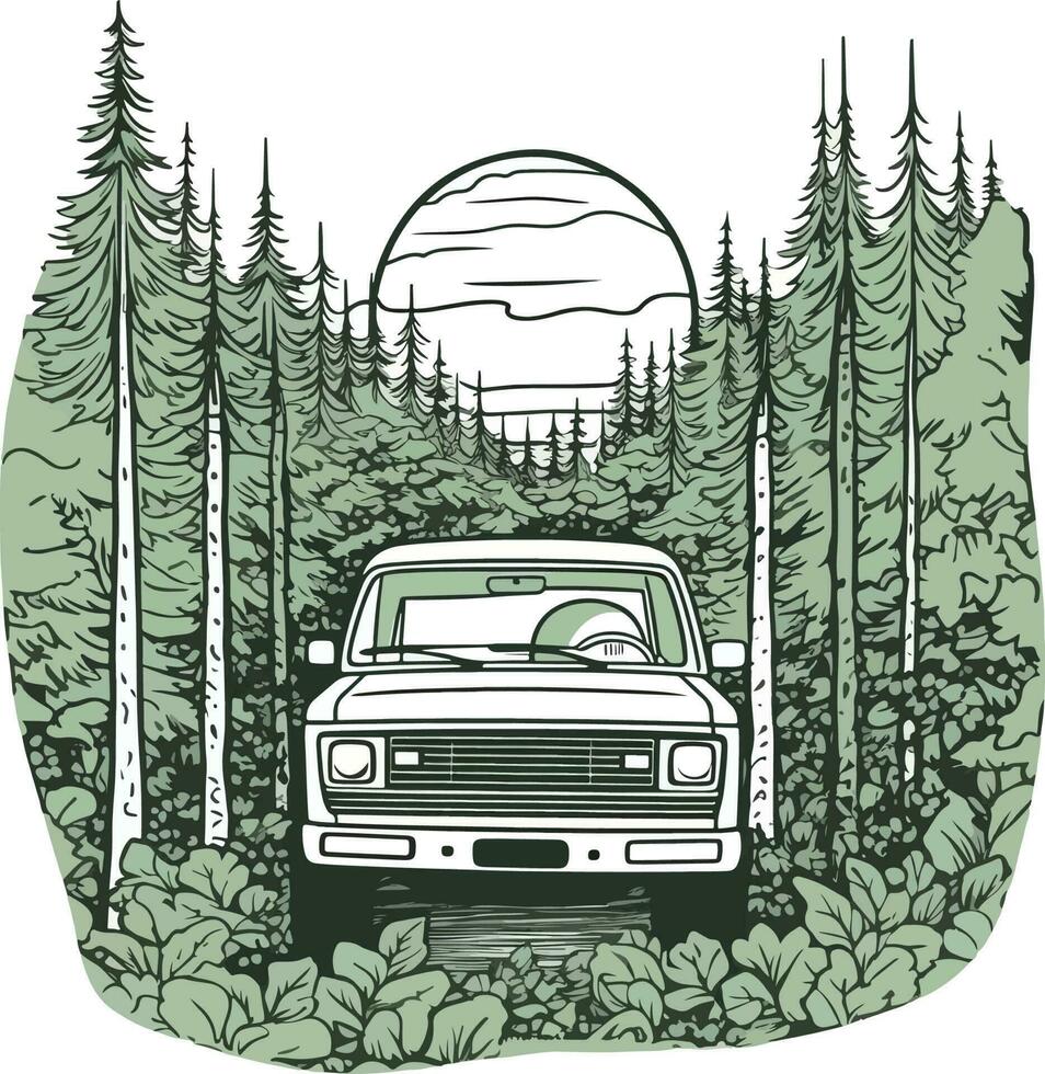 car in front of a forest Hand drawn illustration, car in front of a forest Hand drawn illustration vector